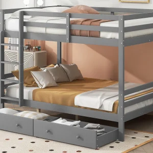 Houten stapelbed met lades en ladder – 140x200cm – Grijs Houten stapelbed met lades en ladder – 140x200cm – Grijs