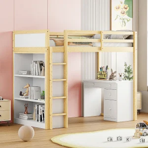 Hoogslaper 90 x 200 cm met opbergkast en computerbureau – massief hout en MDF – naturel en wit (zonder matras) Hoogslaper 90 x 200 cm met opbergkast en computerbureau – massief hout en MDF – naturel en wit (zonder matras)