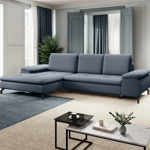 Hoekslaapbank met hoek links van blauwe stof met textuur ARCHIBALD