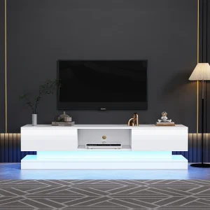 TV-meubel met 2 lades en open vak – 160 x 35 x 40,5 cm – LED's – Spaanplaat – Glanzend wit