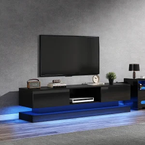 TV-meubel met 2 lades en open vak – 160 x 35 x 40,5 cm – LED's – Spaanplaat – Glanzend zwart