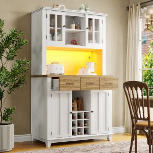 Hoog dressoir met 4 deuren, 3 laden en wijnrek voor 9 flessen – 106 x 40 x 179,5 cm – LED's – MDF hout – voor keuken – Wit + naturel Hoog dressoir met 4 deuren, 3 laden en wijnrek voor 9 flessen – 106 x 40 x 179,5 cm – LED's – MDF hout – voor keuken – Wit + naturel