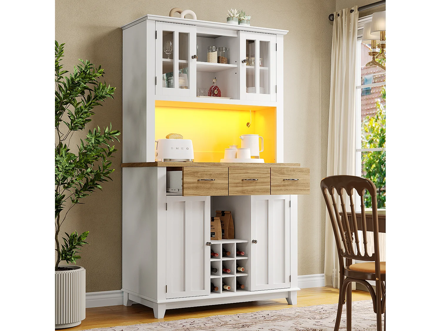 Hoog dressoir met 4 deuren, 3 laden en wijnrek voor 9 flessen - 106 x 40 x 179,5 cm - LED's - MDF hout - voor keuken - Wit + naturel
