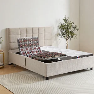 Elektrisch decoratief relaxbed met bedbodem en matras van latex met 3 zones 2 x 70 x 190 cm, beige stof JOFAR