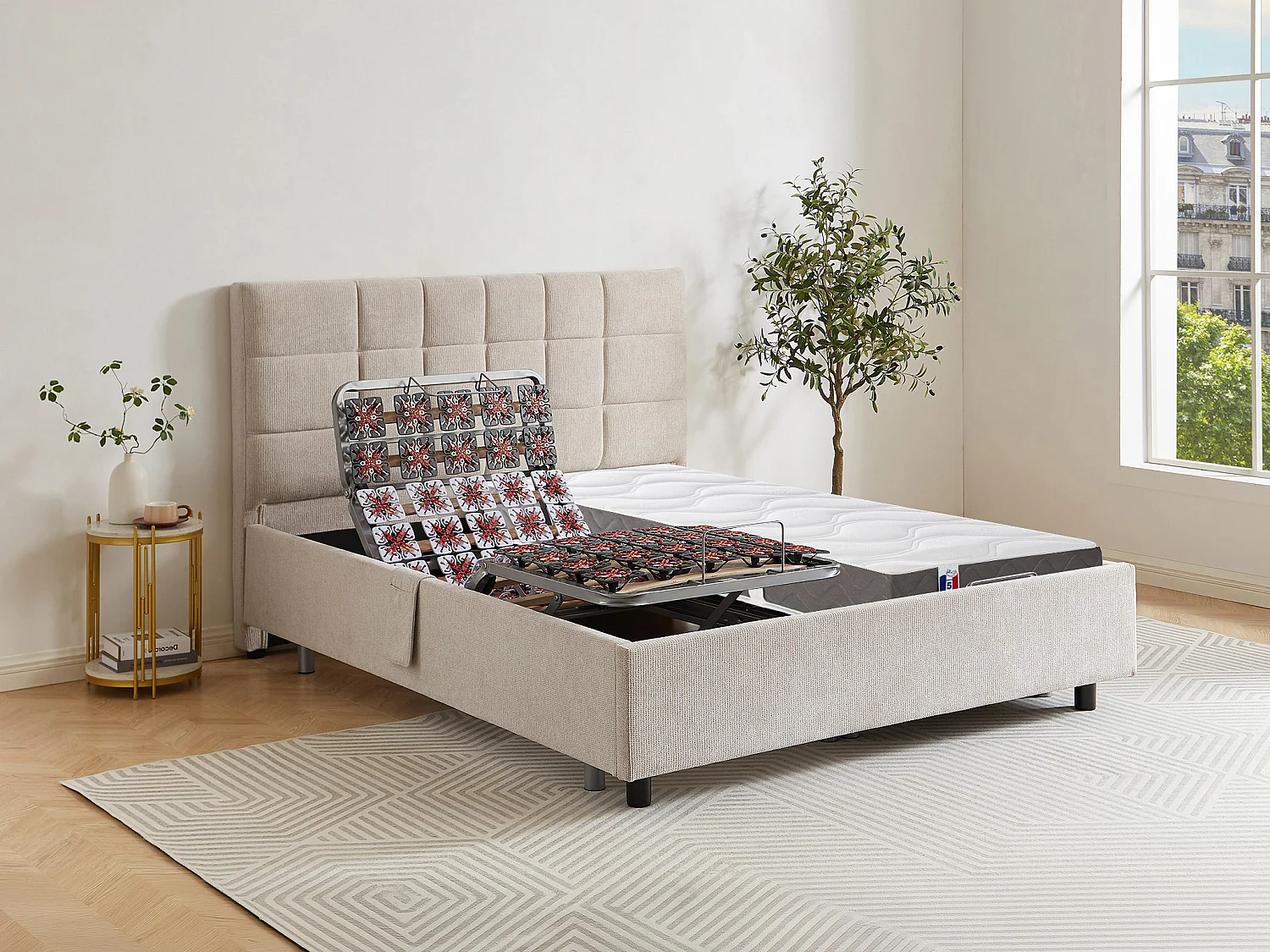 Elektrisch decoratief relaxbed met bedbodem en matras van latex met 3 zones 2 x 70 x 190 cm, beige stof JOFAR