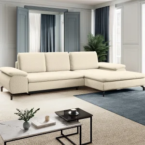 Hoekslaapbank met hoek rechts van beige stof met textuur ARCHIBALD