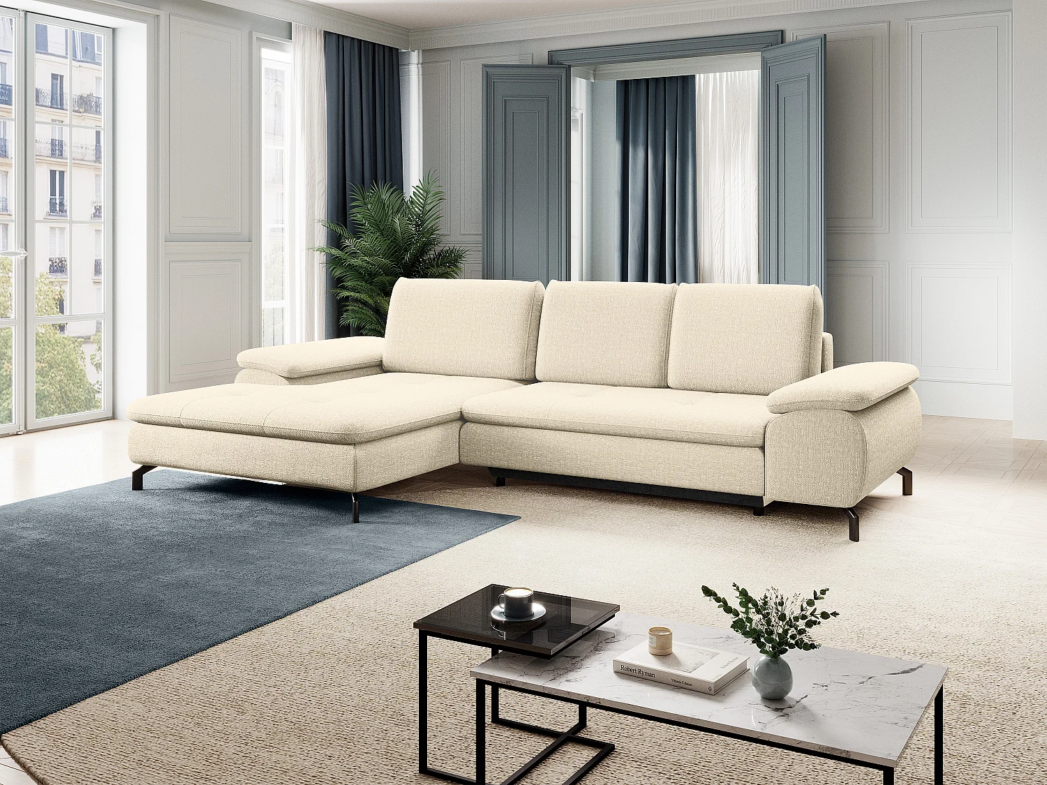 Hoekslaapbank met hoek links van beige stof met textuur ARCHIBALD
