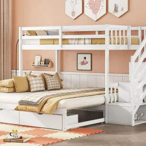 Houten stapelbed – 90x200cm + 90/180x200cm – 2 lades en planken – 2 lattenbodems – Wit Houten stapelbed – 90x200cm + 90/180x200cm – 2 lades en planken – 2 lattenbodems – Wit