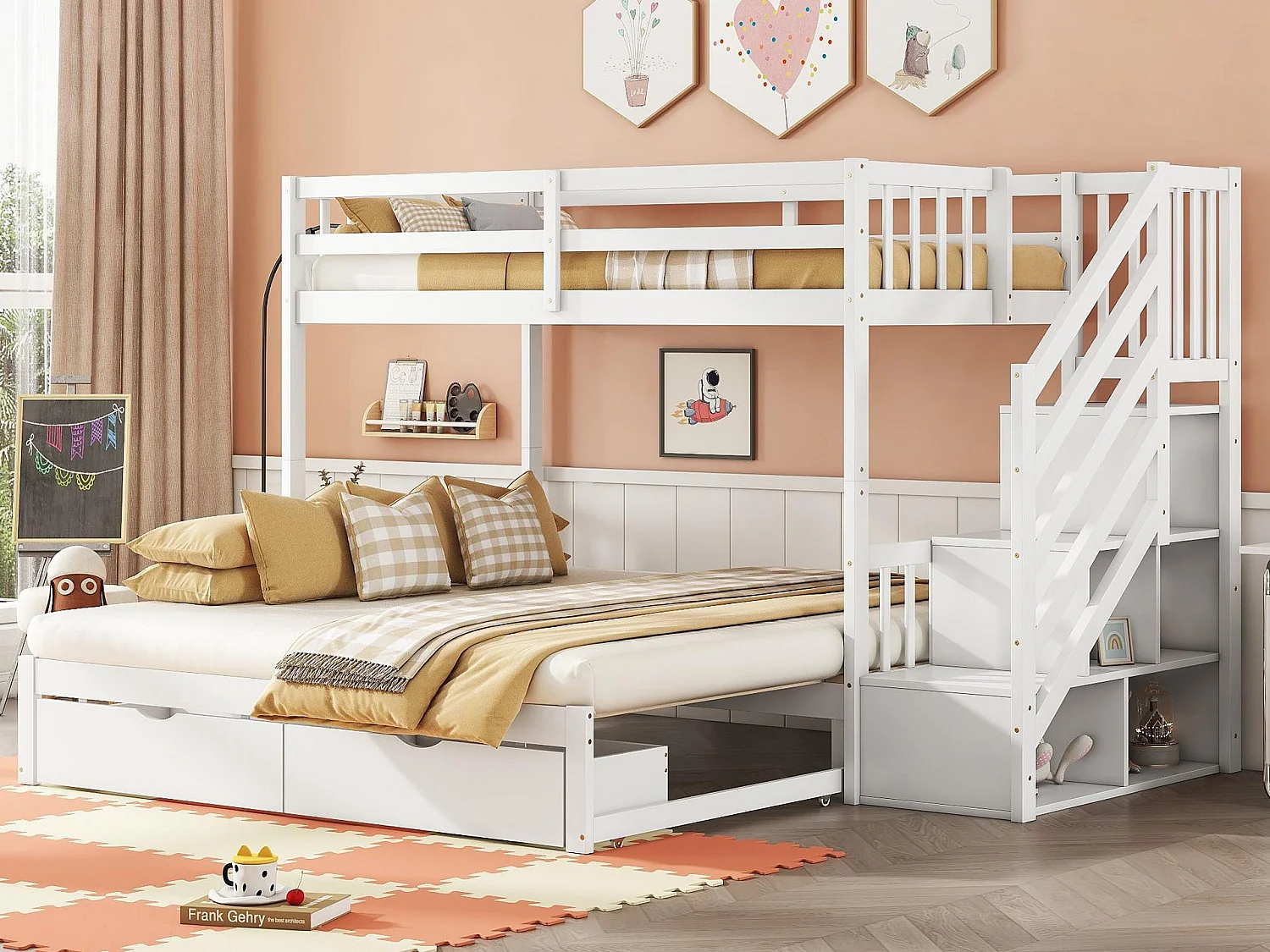 Houten stapelbed - 90x200cm + 90/180x200cm - 2 lades en planken - 2 lattenbodems - Wit