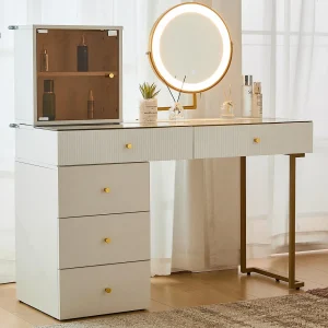 Kaptafel met spiegel en LED – 5 laden en een glazen display – Wit (kruk niet inbegrepen) Kaptafel met spiegel en LED – 5 laden en een glazen display – Wit (kruk niet inbegrepen)