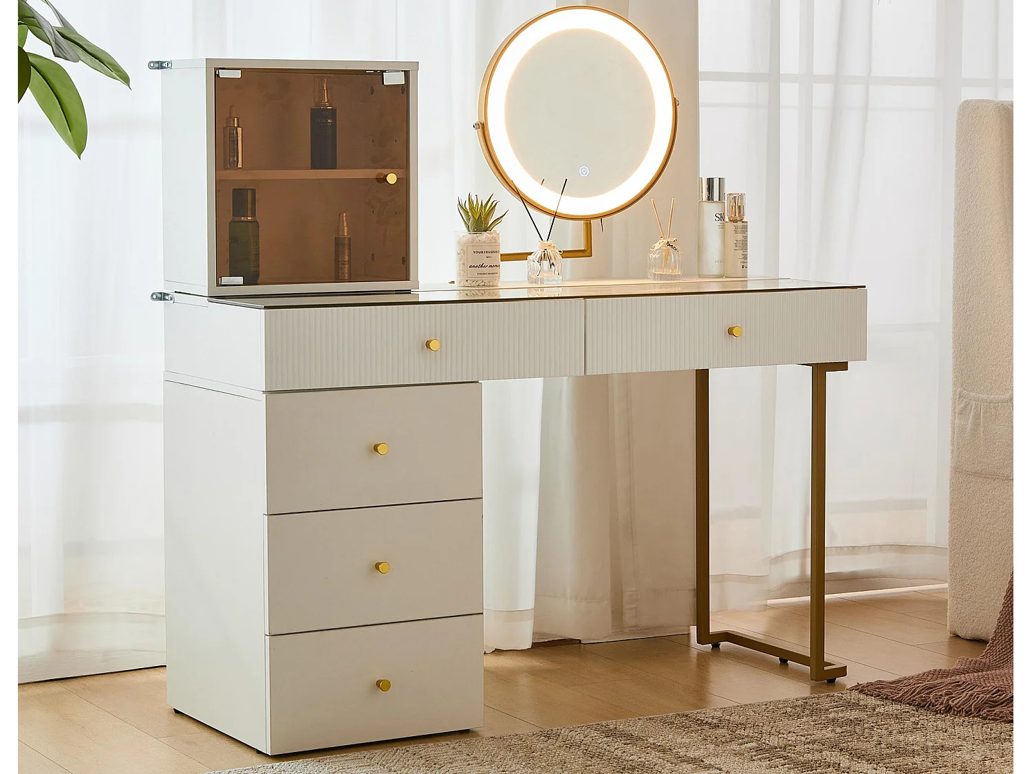 Kaptafel met spiegel en LED - 5 laden en een glazen display - Wit (kruk niet inbegrepen)