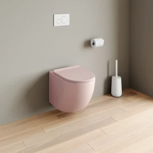Set voor hang-wc van mat roze keramiek met voorwandsysteem en bedieningsplaat, JAVOINE Set voor hang-wc van mat roze keramiek met voorwandsysteem en bedieningsplaat, JAVOINE