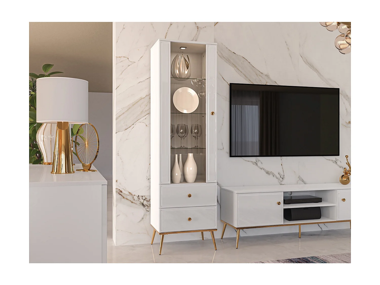 Hoge vitrinekast - 1 deur en 2 LED-laden - wit met gouden poten - DARRBY