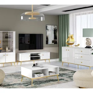 Hoge vitrinekast – 4 deuren – wit met gouden poten – DARRBY Hoge vitrinekast – 4 deuren – wit met gouden poten – DARRBY