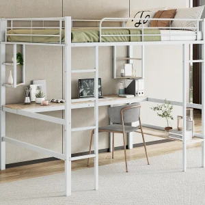 IJzeren tussenbed – 140x200cm – met bureau en 5 planken – Wit