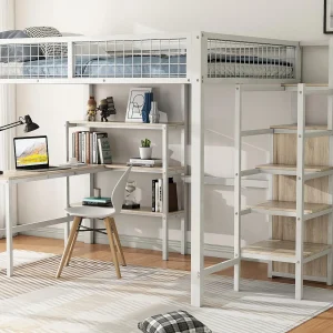 Hoogslaper 140×200 cm – ijzeren frame – met bureau en planken – Wit Hoogslaper 140×200 cm – ijzeren frame – met bureau en planken – Wit