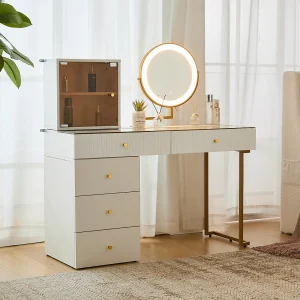 Kaptafel met spiegel, 5 lades en een glazen deur – 120 x 45 x 115 cm – Spaanplaat – LED's – Wit (zonder kruk)