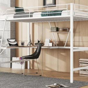 IJzeren tussenbed – 90x200cm – met hoekbureau en plank – Wit