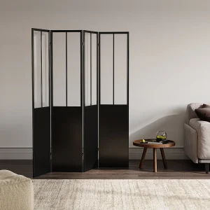 Kamerscherm met industriële werkplaatsstijl van metaal met 4 luiken – L160 x H178 cm – Zwart – KALEVI Kamerscherm met industriële werkplaatsstijl van metaal met 4 luiken – L160 x H178 cm – Zwart – KALEVI