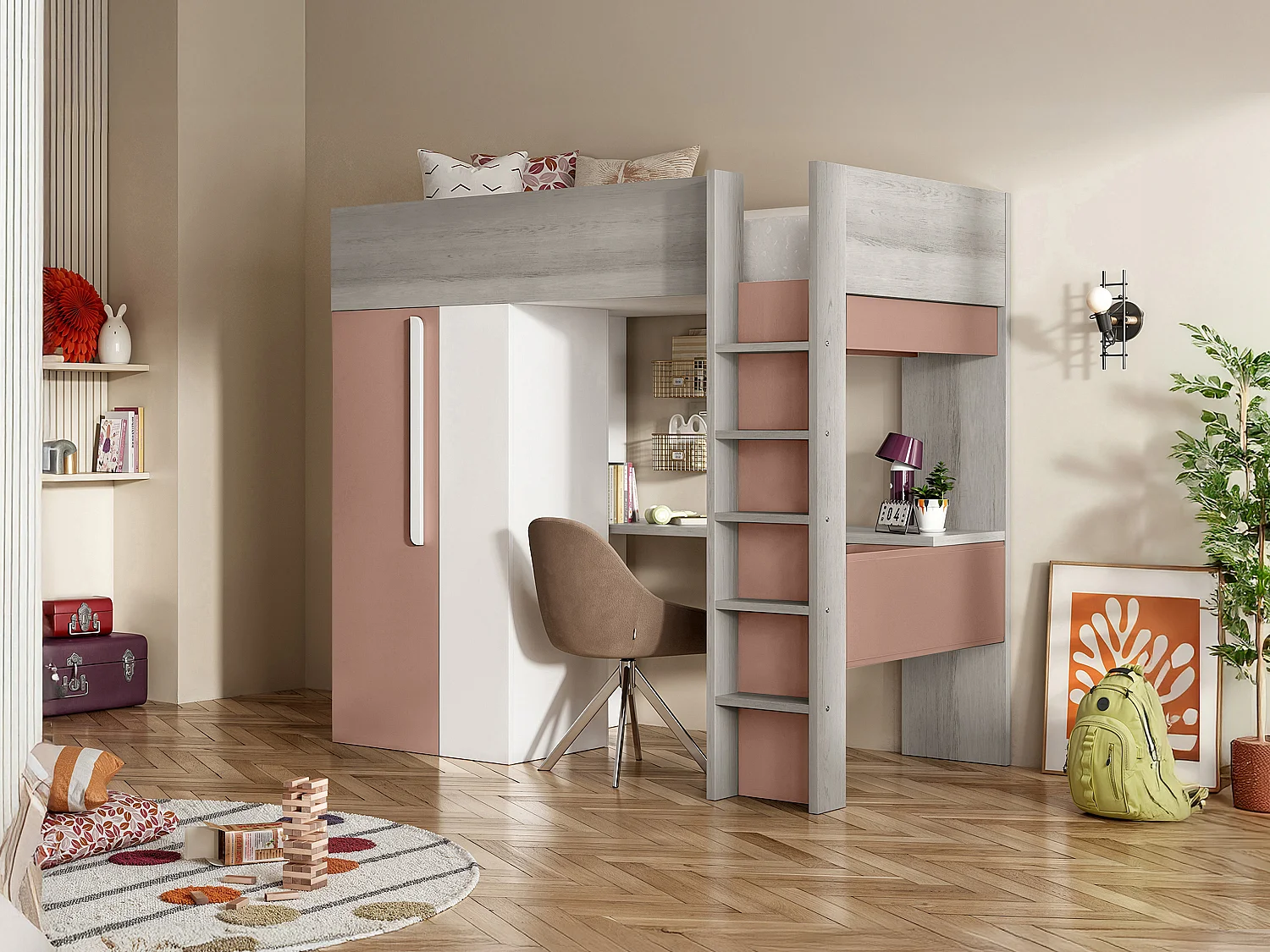 Hoogslaper NICOLAS - 90 x 200 cm - met kast en bureau - Roze en Wit - Koop nu online