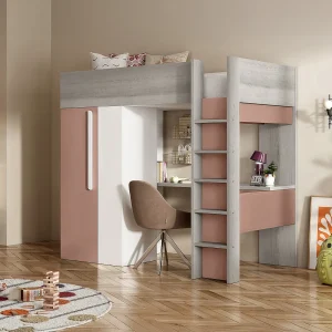 Hoogslaper NICOLAS – 90 x 200 cm – met kast en bureau – Roze en Wit + matras – Koop nu Hoogslaper NICOLAS – 90 x 200 cm – met kast en bureau – Roze en Wit + matras – Koop nu