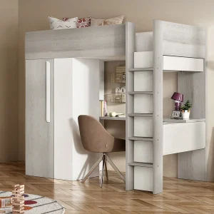 Hoogslaper – 90 x 200 cm – Kledingkast en bureau – Vergrijsde houtlook en wit – Met matras – NICOLAS Hoogslaper – 90 x 200 cm – Kledingkast en bureau – Vergrijsde houtlook en wit – Met matras – NICOLAS