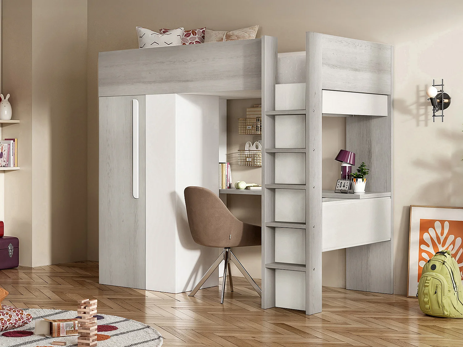 Hoogslaper – 90 x 200 cm – Kledingkast en bureau – Vergrijsde houtlook en wit – Met matras – NICOLAS