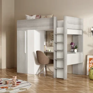 Hoogslaper met kast en bureau – 90 x 200 cm – Vergrijsde houtlook en wit – NICOLAS Hoogslaper met kast en bureau – 90 x 200 cm – Vergrijsde houtlook en wit – NICOLAS