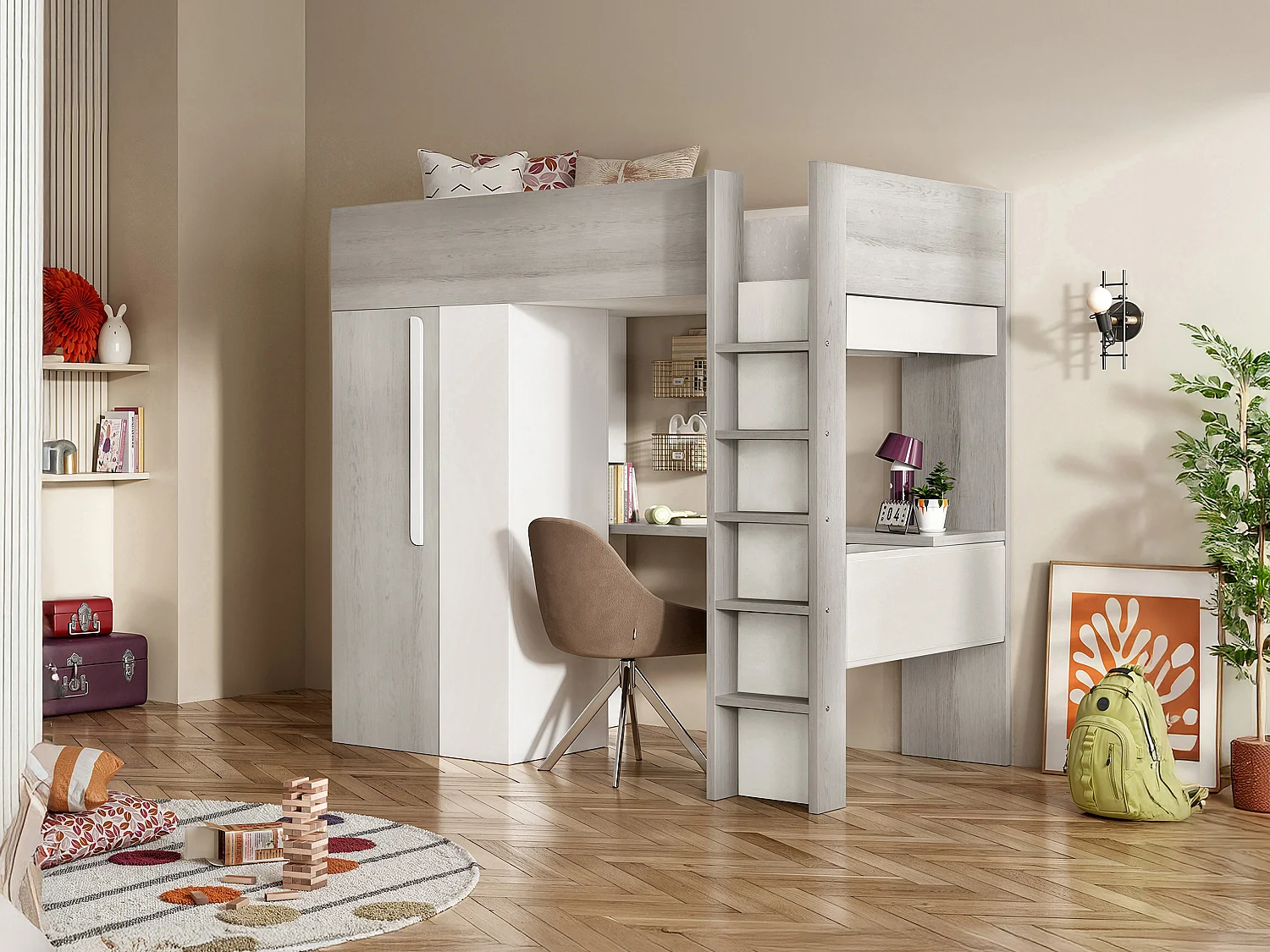 Hoogslaper met kast en bureau – 90 x 200 cm – Vergrijsde houtlook en wit – NICOLAS