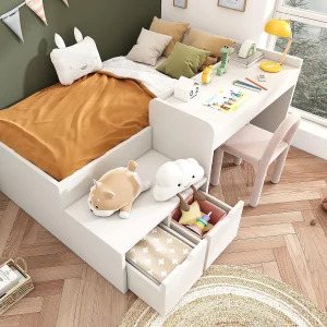 Houten kinderbed 90x200cm – met bureau en lades – met lattenbodem – Wit Houten kinderbed 90x200cm – met bureau en lades – met lattenbodem – Wit