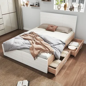 Houten tweepersoonsbed 140 x 200 cm met 2 laden, eiken + witte combinatie Houten tweepersoonsbed 140 x 200 cm met 2 laden, eiken + witte combinatie