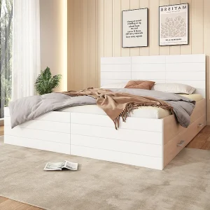 Houten tweepersoonsbed 180 x 200 cm met 2 laden, set eik + wit Houten tweepersoonsbed 180 x 200 cm met 2 laden, set eik + wit
