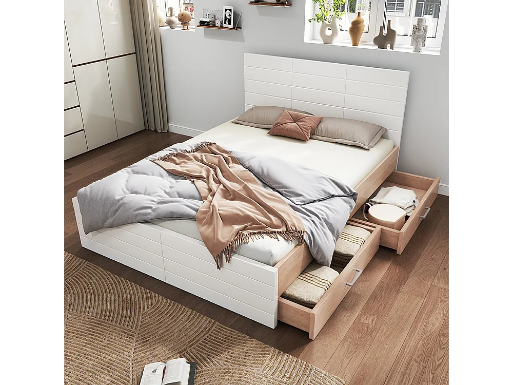 Houten tweepersoonsbed 160 x 200 cm met 2 laden, eik + wit set