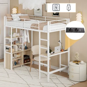 Hoogslaper 90 x 200 cm met bureau, USB-aansluitingen, open opbergkast – Metaal + MDF – Wit (zonder matras) Hoogslaper 90 x 200 cm met bureau, USB-aansluitingen, open opbergkast – Metaal + MDF – Wit (zonder matras)