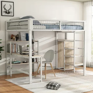 Hoogslaper 140 x 200 cm met L-vormig bureau, kledingkast en planken – Metaal + MDF – Lattenbodem – Wit (zonder matras)
