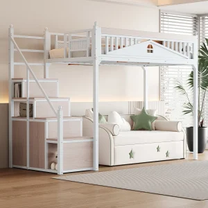 Hoogslaper 90 x 200 cm met opbergruimte – Metaal + Multiplex + MDF – Lattenbodem – Wit Hoogslaper 90 x 200 cm met opbergruimte – Metaal + Multiplex + MDF – Lattenbodem – Wit
