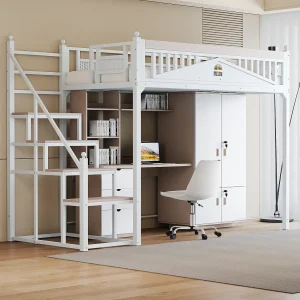 Hoogslaper 90 x 200 cm met trap – Metaal + Multiplex + MDF – Lattenbodem – Wit Hoogslaper 90 x 200 cm met trap – Metaal + Multiplex + MDF – Lattenbodem – Wit
