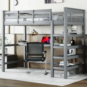 Hoogslaper 90 x 200 cm met bureau en opbergplanken – Grenenhout + MDF – Grijs