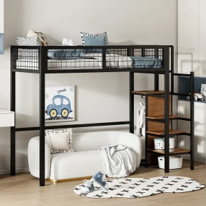 Hoogslaper 90 x 200 met ladder, opbergplank en kledingkast – Metaal – Lattenbodem – Zwart