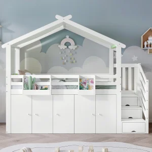 Hoogslaper 90 x 200 cm met 1 kledingkast en 2 kluisjes en 3 lades – Grenen+MDF+multiplex – Wit+groen