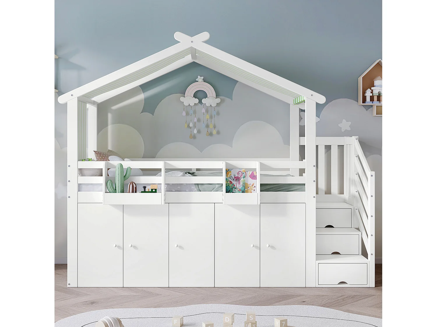 Hoogslaper 90 x 200 cm met 1 kledingkast en 2 kluisjes en 3 lades - Grenen+MDF+multiplex - Wit+groen
