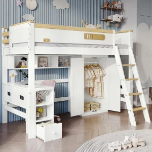 Hoogslaper 90 x 200 cm met bureau, kledingkast en opbergplanken – Grenen+MDF+multiplex – Wit en naturel Hoogslaper 90 x 200 cm met bureau, kledingkast en opbergplanken – Grenen+MDF+multiplex – Wit en naturel