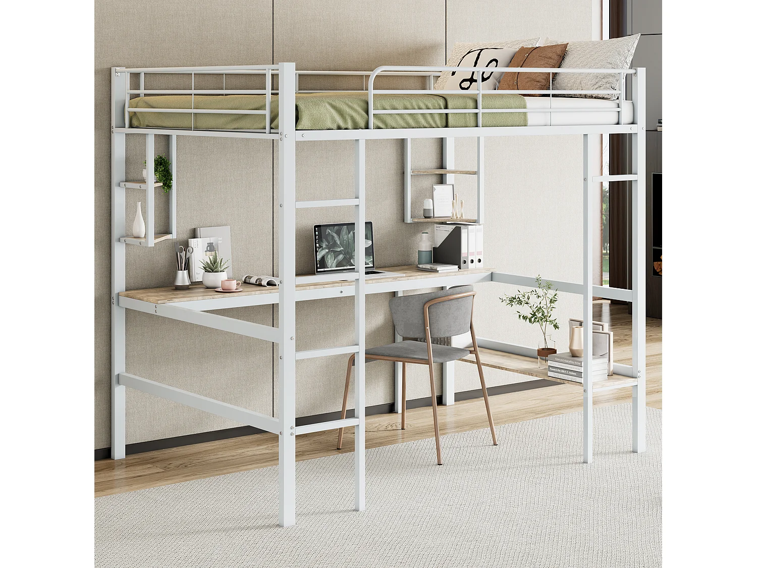 Hoogslaper 140 x 200 cm met bureau en planken - Metaal - Lattenbodem - Wit (zonder matras)