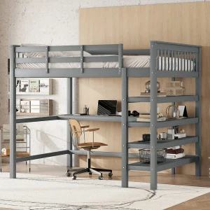 Hoogslaper 140 x 200 cm met bureau en opbergplanken – Grenenhout + MDF – Grijs