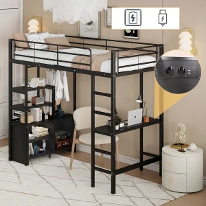 Hoogslaper 90 x 200 cm met bureau, USB-aansluitingen, open opbergkast – Metaal + MDF – Zwart (zonder matras) Hoogslaper 90 x 200 cm met bureau, USB-aansluitingen, open opbergkast – Metaal + MDF – Zwart (zonder matras)