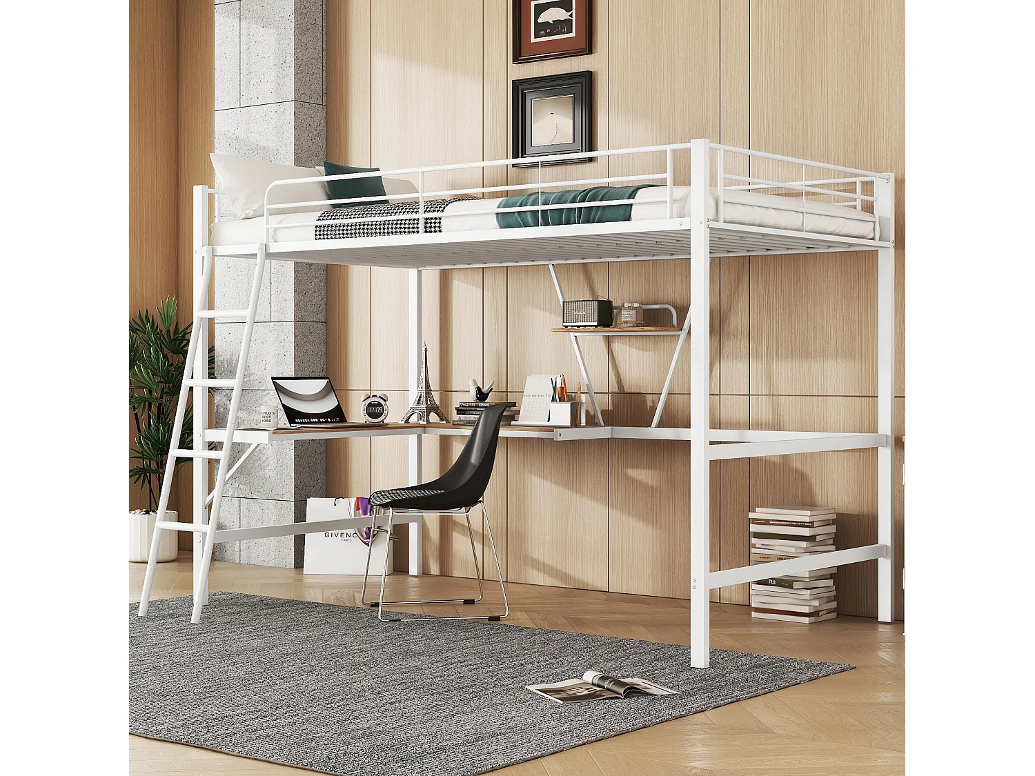 Hoogslaper 90 x 200 cm met L-vormig bureau en plank - Metaal + MDF - Lattenbodem - Naturel (zonder matras)