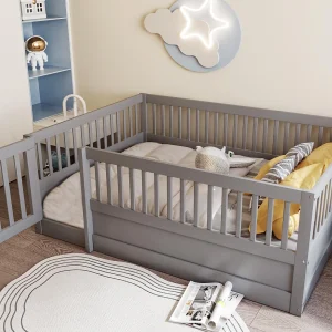 Houten kinderbed 140x200cm met één deur – zonder lattenbodem – Grijs Houten kinderbed 140x200cm met één deur – zonder lattenbodem – Grijs