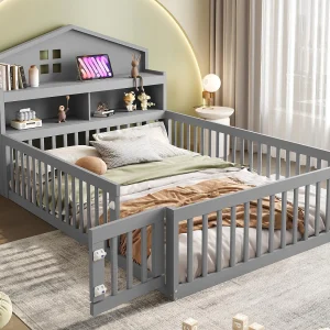 Houten kinderbed 140x200cm – met planken en beschermrooster – met lattenbodem – Grijs Houten kinderbed 140x200cm – met planken en beschermrooster – met lattenbodem – Grijs