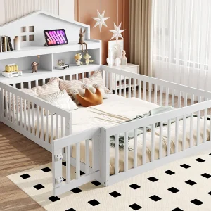 Houten kinderbed 140x200cm – met planken en beschermrooster – met lattenbodem – Wit Houten kinderbed 140x200cm – met planken en beschermrooster – met lattenbodem – Wit