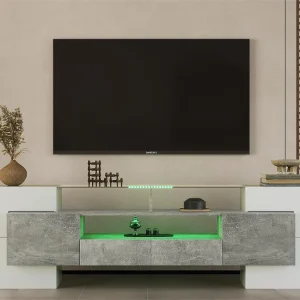 Houten tv-meubel van 2 m met 2 laden en 2 open planken – Grijs en wit Houten tv-meubel van 2 m met 2 laden en 2 open planken – Grijs en wit